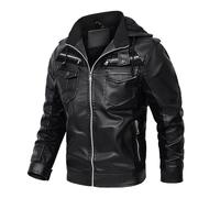 Générique Blouson Moto Homme a Capuche Veste Cuir Hiver Chaude Bombers en Polaire Aviateur Multipoche Jacket Couleur Unie Vestes d'Extérieur Manteau Décontractée Coat Classique Vetements Noir XXL