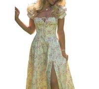 Générique Blue and White Dress for Women - Floral Print Square Neck Summer Dress with Puff Sleeves (Pink and Yellow A,Grand)