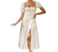 Générique Blue and White Dress for Women - Floral Print Square Neck Summer Dress with Puff Sleeves (White and Purple,S)