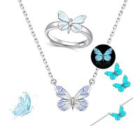 Générique Blue Luminous Butterfly Collection Set, Adjustable Glowing Necklace & Bracelet, Dainty Butterfly Pendant, for Daily Wear/Evening Events/Anniversary (G)