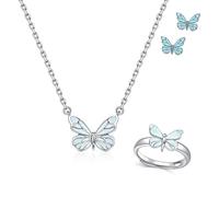 Générique Blue Luminous Butterfly Necklace, Silver Butterfly Bracelet Ring for Women, Adjustable Luminous Butterflys Collection Jewelry Set for Lover Friend (2pcs-b)