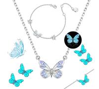 Générique Blue Luminous Butterfly Pendant Bracelet & Necklace Set for Women, Adjustable Elegant Dainty Cute Butterfly Pendant for Daily Wear (F)