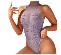 Générique Body Dentelle Femme Chic Dos Nu Lingerie Transparente en Tulle Bodysuit sans Manches col Halter Catsuit Teddy Tenue Sexy Femme érotique Hot pute sous Vetements feminins Pas Cher (Purple, L)