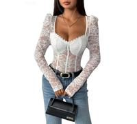 Générique Body en dentelle à col en cœur pour femme, manches longues, en maille florale transparente, idéal pour les soirées et les clubs