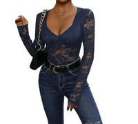 Générique Body en dentelle à col en V pour femme haut en maille transparente à manches longues pour soirée en club ou tenue décontractée