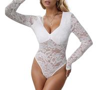 Générique Body en dentelle à col en V pour femme haut en maille transparente à manches longues pour soirée en club ou tenue décontractée