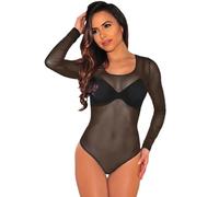 Générique Body Femme Manches Longues String Bodysuit Haute Élasticité Maille Transparente Bodysuit Sexy Col Rond Top Chic Jumpsuit Club Party Bodycon S-XL