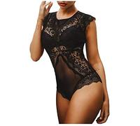 Générique Body Femme Sexy Chic Dentelle Manches Courtes Teddy Bodysuit Femme Tshirt col Rond Transparent Haut Top Femme Chic et élégant ete Babydoll Lingerie Justaucorps Jumpsuit String (Black, L)