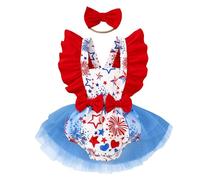 Générique Body Fille Bébé Manches Volantes Fête Nationale 4 Juillet Imprimé Étoiles Tulle Robe Body Bandeau Ensemble (3-18M) Maille Coton Mélangé