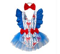 Générique Body Fille Bébé Manches Volantes Fête Nationale 4 Juillet Imprimé Ruban Tulle Robe Body Bandeau Ensemble (3-18M) Maille Coton Mélangé