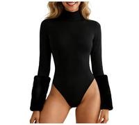 Générique Body Manches Longues pour Femme, Body en résille, Haut col Montant, String, Top de soirée Robe Chauve Souris (L)
