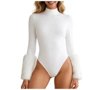 Générique Body Manches Longues pour Femme, Body en résille, Haut col Montant, String, Top de soirée Robe Chauve Souris (White, M)