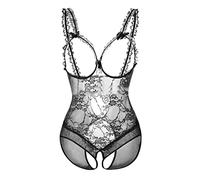 Générique Body Sexy Femme Érotique Combinaison Dentelle Ouverture Entrejambe Transparente Tenue Audacieuse pour Dormir(Black, XXL)