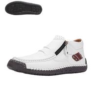 Générique Bofine Shoes for Men, Men Handmade Premium Leather Slip-On Driving Boots, Wide Toe, Side Zipper Non-Slip Flat Shoes (White,33 1/3)