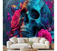 Générique Bohème Crâne En Sucre Fleur Papier Peint Intissé Gothique Crâne Rose Feuilles Mural Jour Des Morts Papier Peint Autocollant Mural 100x70 cm pour Chambre Salle de Bain Salon