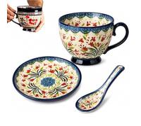 Générique Bohemian Ceramic Coffee Mug Set with Lid Spoon,Polish Style Large Vintage Floral Breakfast Cup Set,Microwave Dishwasher Safe Cappuccino Mug,for Office Home Decor Gift