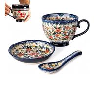 Générique Bohemian Ceramic Coffee Mug Set with Lid Spoon,Polish Style Large Vintage Floral Breakfast Cup Set,Microwave Dishwasher Safe Cappuccino Mug,for Office Home Decor Gift