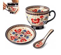Générique Bohemian Ceramic Coffee Mug Set with Lid Spoon,Polish Style Large Vintage Floral Breakfast Cup Set,Microwave Dishwasher Safe Cappuccino Mug,for Office Home Decor Gift