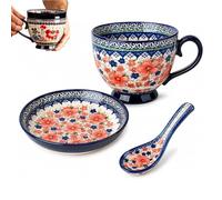 Générique Bohemian Ceramic Coffee Mug Set with Lid Spoon,Polish Style Large Vintage Floral Breakfast Cup Set,Microwave Dishwasher Safe Cappuccino Mug,for Office Home Decor Gift