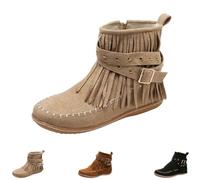 Générique Boho Boots For Women Vintage Casual Tassel Fringe Suede Wide Round Toe Ankle Booties With Side Zipper Fashion Bohemian Slip On Flats Anti Skid Winter Mid Calf (Beige,39)