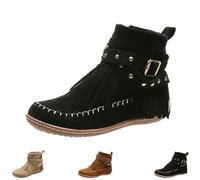 Générique Boho Boots For Women Vintage Casual Tassel Fringe Suede Wide Round Toe Ankle Booties With Side Zipper Fashion Bohemian Slip On Flats Anti Skid Winter Mid Calf (Black,42)