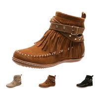 Générique Boho Boots For Women Vintage Casual Tassel Fringe Suede Wide Round Toe Ankle Booties With Side Zipper Fashion Bohemian Slip On Flats Anti Skid Winter Mid Calf (Brown,40)