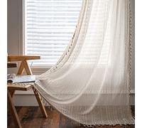 Générique Boho Lot de 2 Rideaux Beige Blanc Vintage Rideaux Style Maison de Campagne Crochet Tricoté Rideaux Coton Lin Pompon Dentelle Transparent Rideau pour Cuisine Salon Chambre, 2 Pièces, L 150 x
