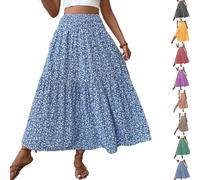 Générique Boho Maxi Skirt for Women Summer Floral Smocked High Waisted Skirts with Pockets Vacation A-Line Long Flowy Skirts (Blue,Grand)
