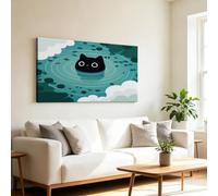 Générique Bois Cadre Impression sur Toile Moderne Animal Chat Ondulation Tableau Décoration Poster Mural, Image sur Toile Dessin Animé Pour Chambre Salon Couloir Maison 100 x 75 cm
