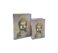 Générique Boîte Gigogne en Forme de Livre Set de 2 Bouddha, Gris et Or, 30cm et 24cm, Bois MDF, Rangement Décoratif, Style Vintage