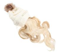 Générique Bonnet D'hiver Tricoté avec Postiche à Cheveux Longs Ondulés Détachable pour Femme Bonnet à Pompon Blanc avec Extensions Dorées de Cosplay Naturel et Chaud pour L'hiver
