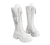 Générique Botte Santiag Femme Talon Haut Botte Equitation Femme Western Bottine À Lacets Bottines en Cuir PU Bottes Bout Rond Boot Plateforme Antidérapante Chaussure Moto Bottine Y2K avec Motif Boot