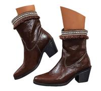 Générique Bottes Cowboy Femme à Broderie Mi-Mollet à Bout Pointu avec Talon Carré et Entrée Facile Bottines à Talons de Mode Vintage Bottes de Cowboy Marche Chaussures Occidentales Classiques