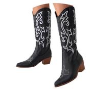 Générique Bottes Cowboy Femme, Bottes Mi-Mollet en Cuir Clair, Bottes Western Stylées avec Broderies Florales, Bottes Femme Mode pour Fêtes, Soirées et Tenues Casual
