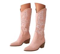 Générique Bottes Cowboy Femme, Bottes Mi-Mollet en Cuir Clair, Bottes Western Stylées avec Broderies Florales, Bottes Femme Mode pour Fêtes, Soirées et Tenues Casual