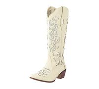 Générique Bottes Cowboy Western pour Femmes à Talon Chunky avec et Strass Style Rodéo Hautes Jusqu' Genou (White, 40)
