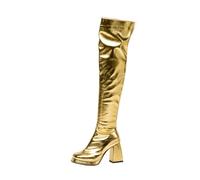 Générique Bottes Cuissardes Métallisées Talon Carré Bottes Rétro Soirée | Cuir PU métallisé, talon épais 9cm, bout carré confort, zip, idéal pour soirée disco cosplay