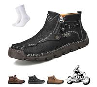 Générique Bottes de moto Stepthetop for hommes, bottes en cuir cousues à la main, mocassins mi-hauts à enfiler, bout large antidérapants, for travail conduite randonnée(Noir,46 EU)