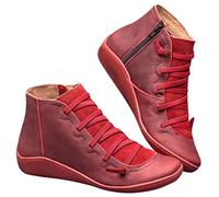 Générique Bottes En Liquidation Veau Large Bottes à lacets pour femmes Toe Zipper Round Leather Retro Compensées Pour Confort Femmes (1-Red, 36)