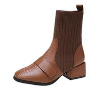 Générique Bottes Femelles Courte stretch Talon moyen Bottillons Femme Souple Confortable Chaudes Elégantes Femme Botte Imperméables cuir véritable à talon carré Femmes Boot Automne Hiver Mode