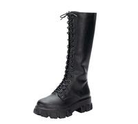 Générique Bottes Femelles Hautes Genoux à Lacets Talon moyen Chaussures de botte pour dame Confortable Millésime Elégantes Femelles Bottillon loisirs à talon carré Cuir Verni Femmes Bottes Chaudes