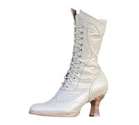 Générique Bottes Femme éLéGantes,Mi-Mollet Bottes Automne Et Hiver Mode Commerce ExtéRieur Europe Et éTats- Britannique Bout Pointu Talon Carré à Lacets (White 38)