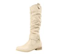 Générique Bottes Femme Hautes en Daim Plissées, Bottes Classiques avec Bouclettes et Talons Bas Confortables, Chaussures Élégantes et Pratiques pour la Vie Quotidienne, Style Casual ou Western