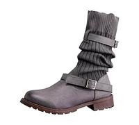Générique Bottes Femme Mi-Mollet stretch plates Femme Boots Chaudes Imperméables Vintage classiques Bottines pour femmes Souple Confortable Moderne Femmes Bottes Couleur unie Mode à boucles