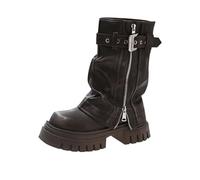 Générique Bottes Mi-Mollet pour Femmes épais Bout Bottines femmes Zipper à boucles cuir véritable Dame Bottines Imperméables Fashion Millésime Femme Boot Elégantes Casual Tige large