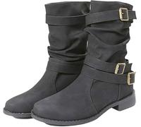 Générique Bottes mi-mollet pour femmes, largeur large, design plissé, talon bas, avec boucles décoratives, bottes motardes, bottes militaires classiques, bottines à bout rond, confortables