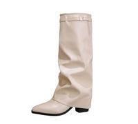 Générique Bottes mi-mollet tendance pour femme, bout pointu, hauteur genou, avec boucle, confortables, en cuir, pour une tenue décontractée automne-hiverChaussures Homme Chaussures Femme(White, 40)