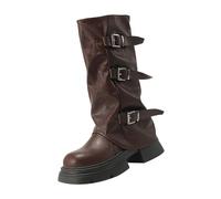 Générique Bottes Plateforme Mi-Mollet pour Femme Bout Rond Bottine avec Sangle De Boucle Botte Slouchy Boot Couleur Unie Décontracté Chaussure Mollets Fins Bottine Bottines Femme Plates Cuir