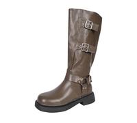 Générique Bottes pour femme Hautes Genoux à boucles plates bottines pour femmes Automne Hiver Cowboy Femme Bottine Cuir Verni Couleur unie Tige large avec rivets