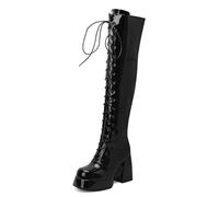 Générique Bottes Rétro Y2K Femme Plateforme Talon Bloc Cuir Verni avec Fermeture Éclair